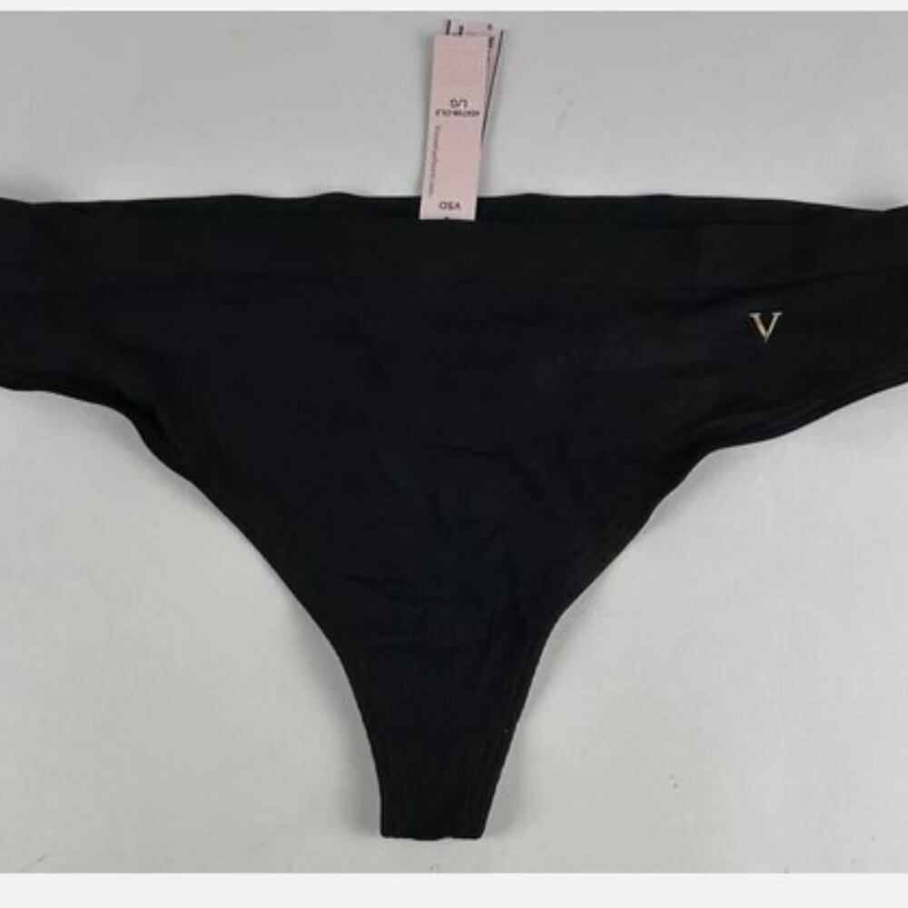 NWT Victorias Secret Black Gold V Logo Thong Panties Sz L Stretch